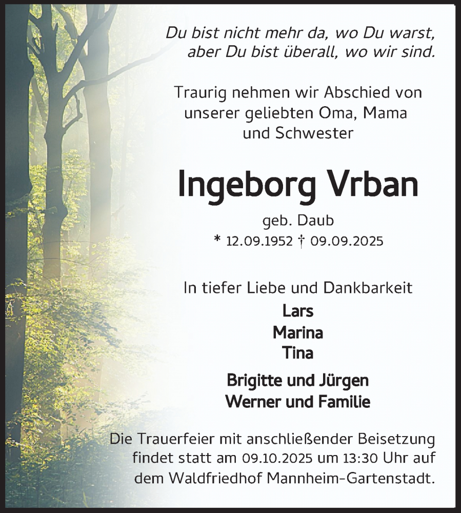  Traueranzeige für Ingeborg Vrban vom 27.09.2025 aus Mannheimer Morgen