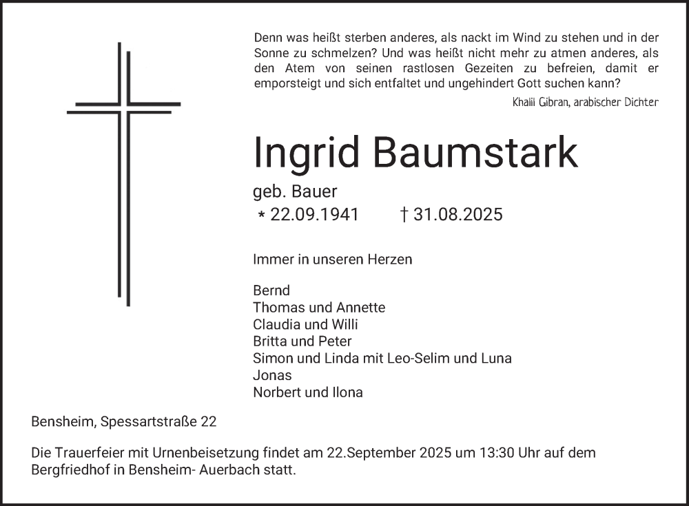  Traueranzeige für Ingrid Baumstark vom 20.09.2025 aus Bergsträßer Anzeiger