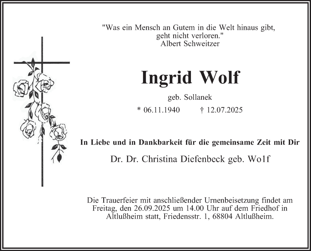  Traueranzeige für Ingrid Wolf vom 20.09.2025 aus Schwetzinger Zeitung