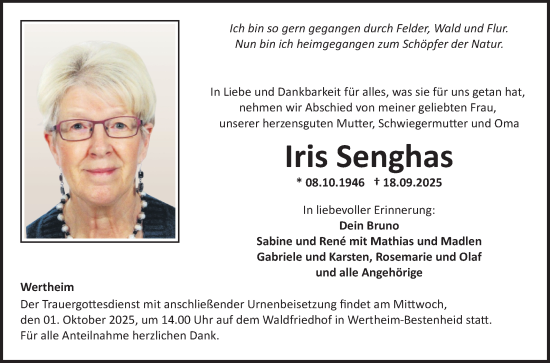 Traueranzeige von Iris Senghas von Fränkische Nachrichten