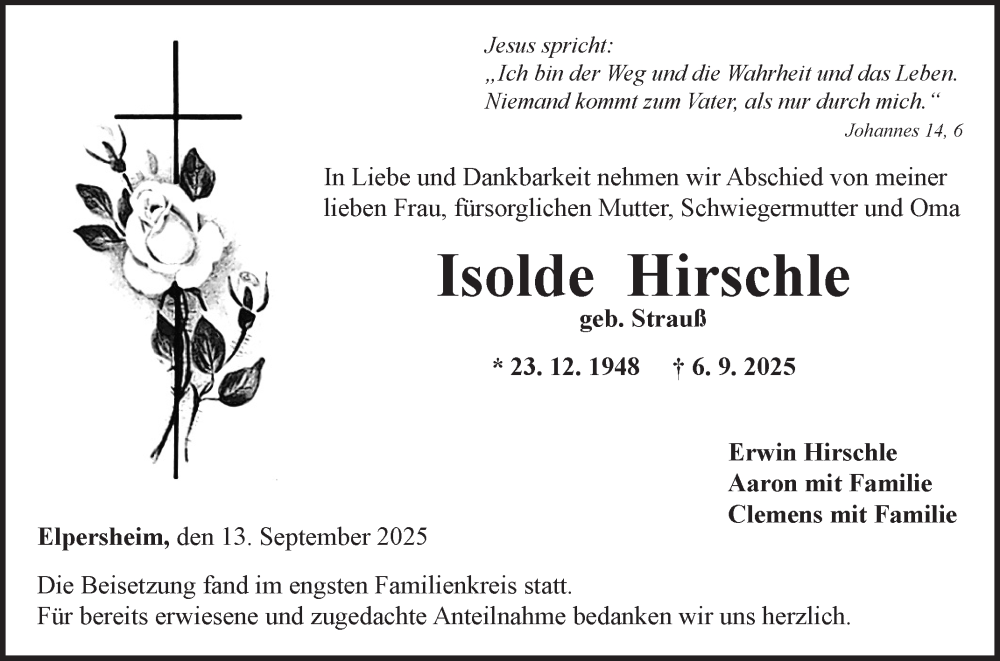  Traueranzeige für Isolde Hirschle vom 13.09.2025 aus Fränkische Nachrichten