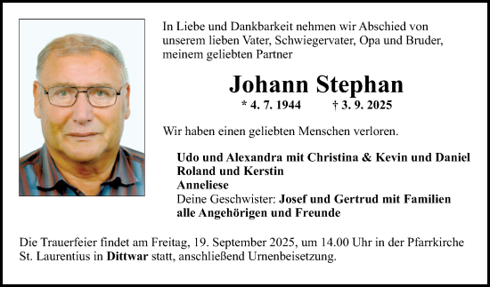 Traueranzeige von Johann Stephan von Fränkische Nachrichten