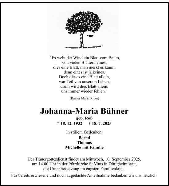 Traueranzeige von Johanna-Maria Bühner von Fränkische Nachrichten