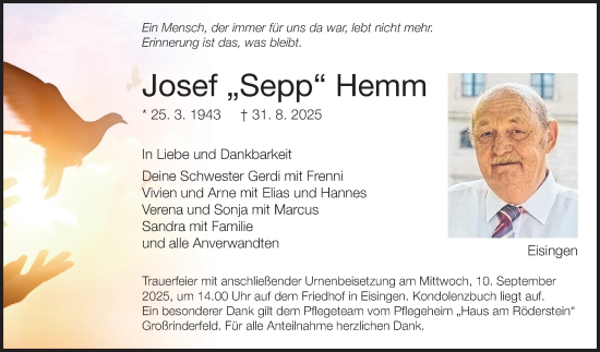 Traueranzeige von Josef Hemm von Fränkische Nachrichten