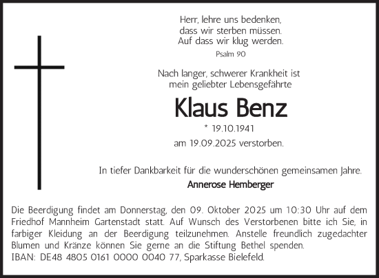 Traueranzeige von Klaus Benz von Mannheimer Morgen
