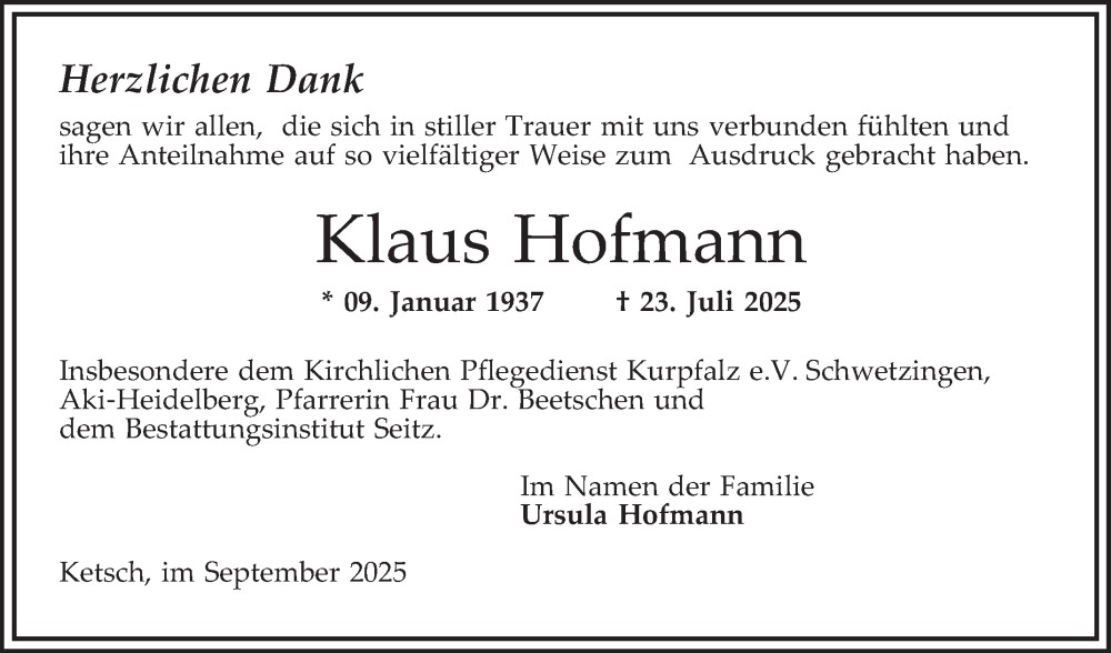  Traueranzeige für Klaus Hofmann vom 20.09.2025 aus Schwetzinger Zeitung