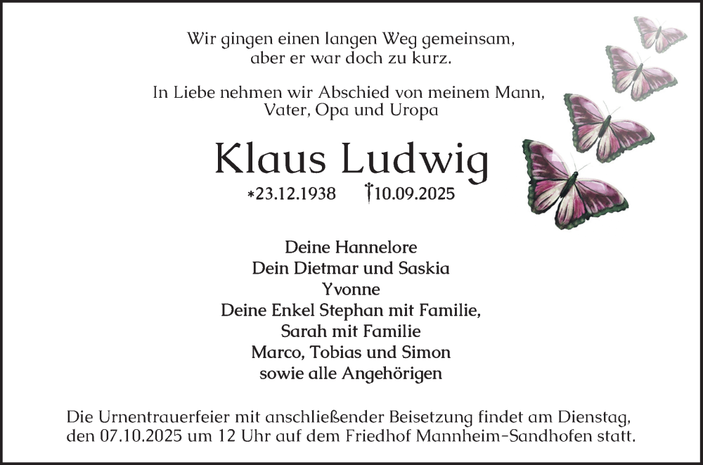  Traueranzeige für Klaus Ludwig vom 27.09.2025 aus Mannheimer Morgen