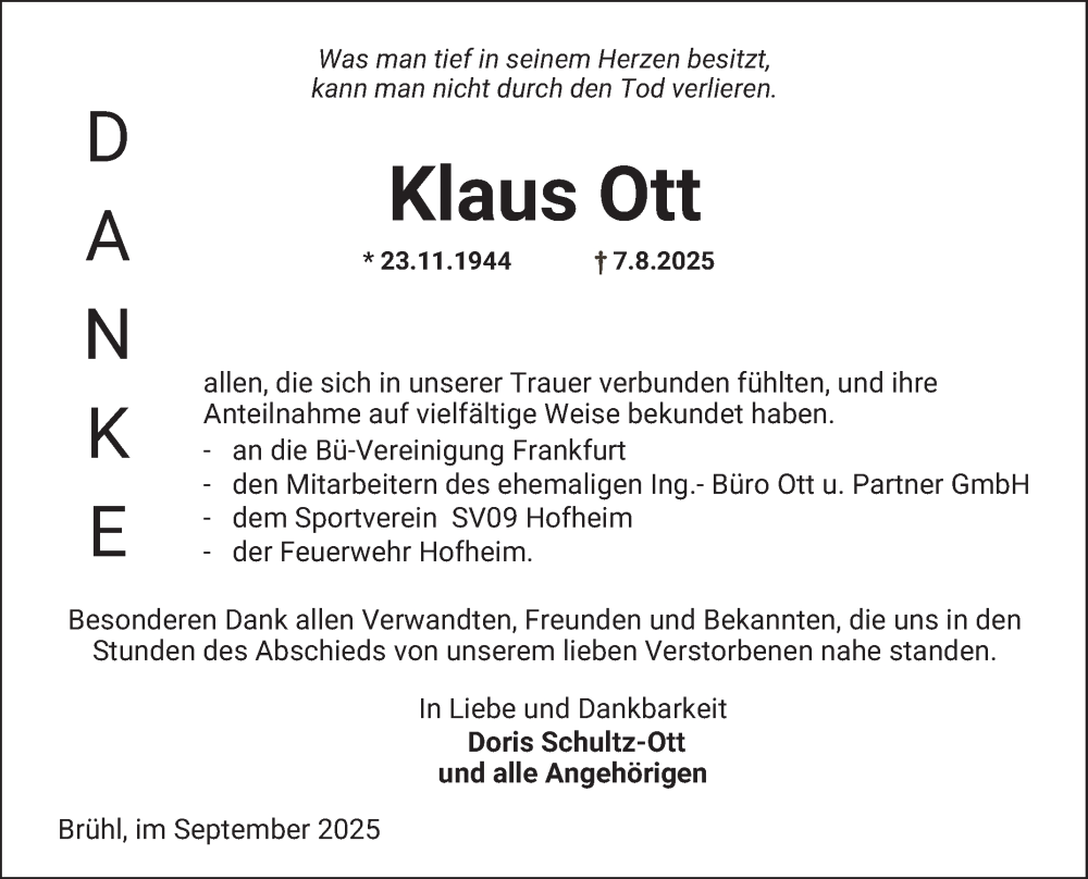  Traueranzeige für Klaus Ott vom 06.09.2025 aus Schwetzinger Zeitung