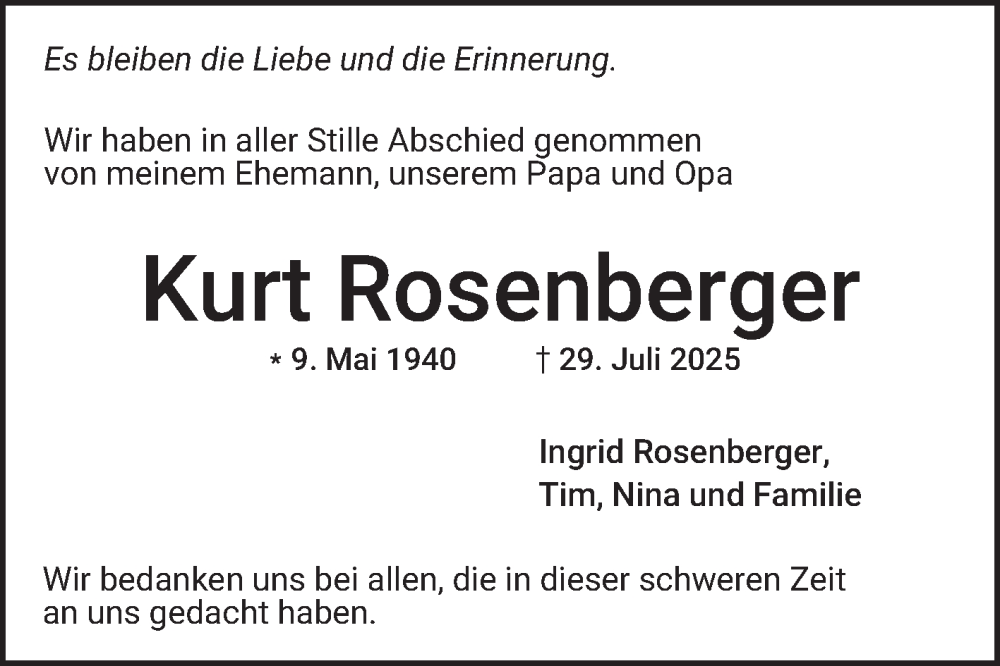  Traueranzeige für Kurt Rosenberger vom 13.09.2025 aus Mannheimer Morgen