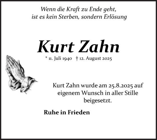 Traueranzeige von Kurt Zahn von Schwetzinger Zeitung