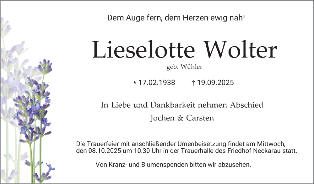  Traueranzeige für Lieselotte Wolter vom 27.09.2025 aus Mannheimer Morgen