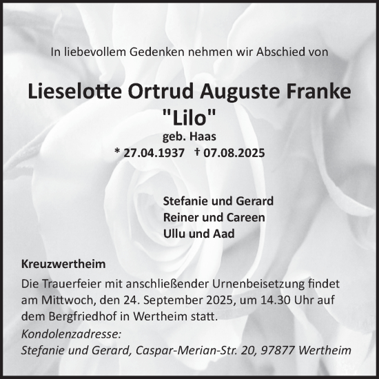 Traueranzeige von Lieselotte Ortrud Auguste Franke von Fränkische Nachrichten