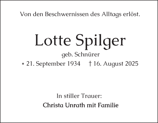 Traueranzeige von Lotte Spilger von Mannheimer Morgen