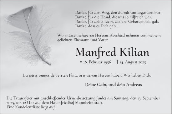 Traueranzeige von Manfred Kilian von Mannheimer Morgen