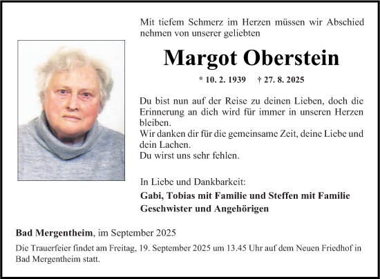 Traueranzeige von Margot Oberstein von Fränkische Nachrichten