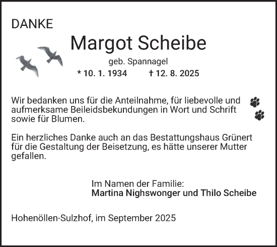 Traueranzeige von Margot Scheibe von Mannheimer Morgen
