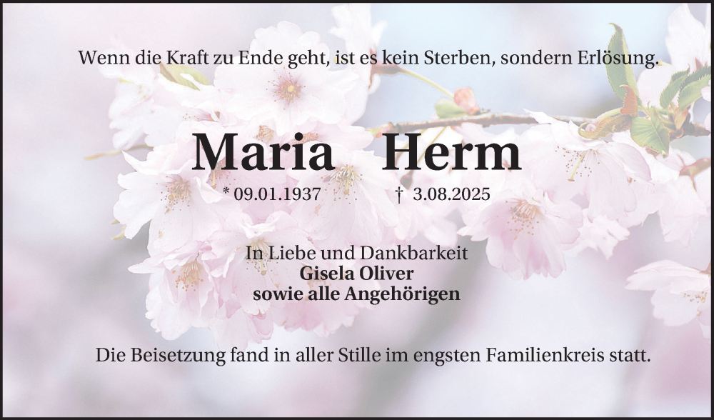  Traueranzeige für Maria Herm vom 06.09.2025 aus Schwetzinger Zeitung