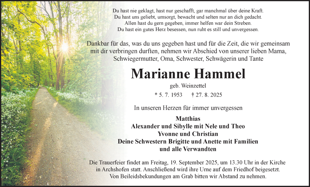  Traueranzeige für Marianne Hammel vom 12.09.2025 aus Fränkische Nachrichten