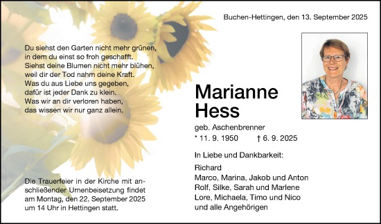 Traueranzeige von Marianne Hess von Fränkische Nachrichten