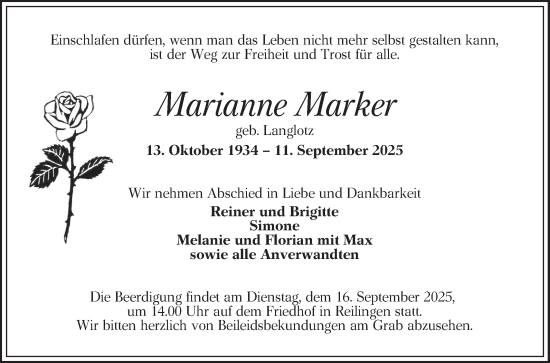 Traueranzeige von Marianne Marker von Schwetzinger Zeitung