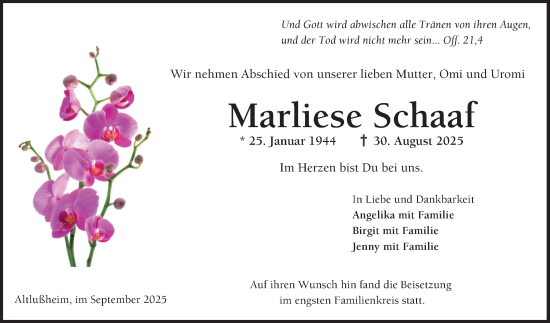 Traueranzeige von Marliese Schaaf von Schwetzinger Zeitung