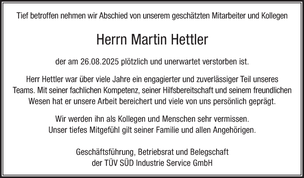  Traueranzeige für Martin Hettler vom 06.09.2025 aus Mannheimer Morgen