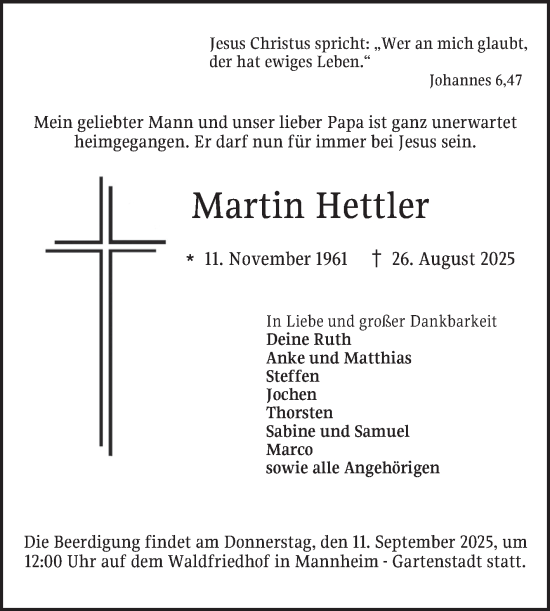 Traueranzeige von Martin Hettler von Mannheimer Morgen