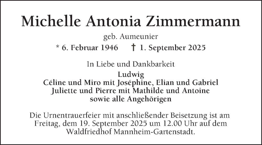  Traueranzeige für Michelle Antonia Zimmermann vom 13.09.2025 aus Mannheimer Morgen