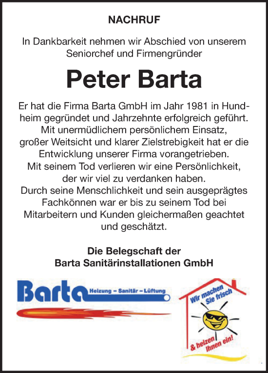 Traueranzeige von Peter Barta von Fränkische Nachrichten