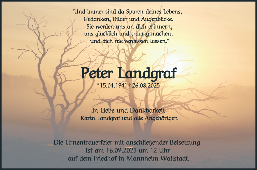  Traueranzeige für Peter Landgraf vom 06.09.2025 aus Mannheimer Morgen