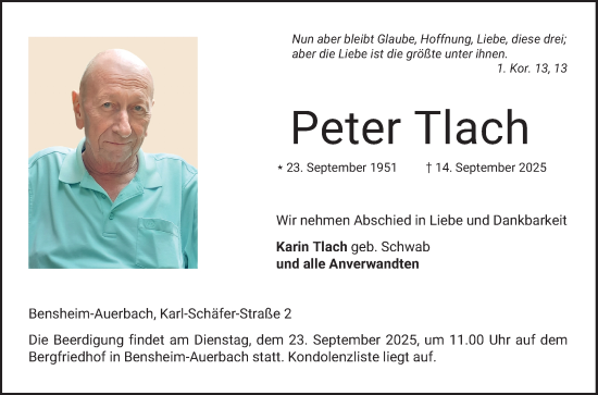 Traueranzeige von Peter Tlach von Bergsträßer Anzeiger