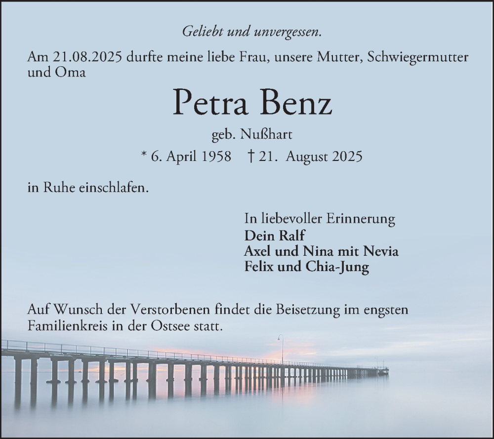  Traueranzeige für Petra Benz vom 06.09.2025 aus Mannheimer Morgen