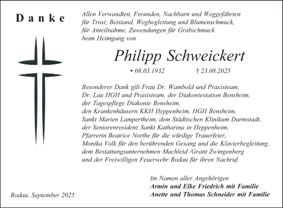 Traueranzeige von Philipp Schweickert von Bergsträßer Anzeiger
