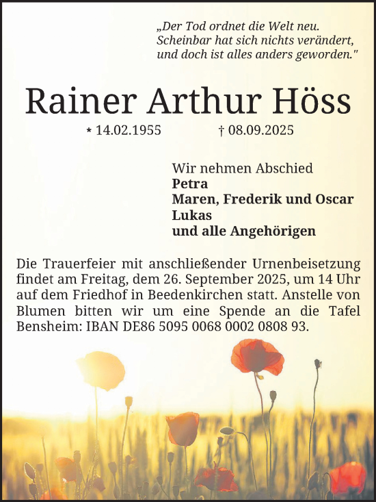 Traueranzeige von Rainer Arthur Höss von Bergsträßer Anzeiger