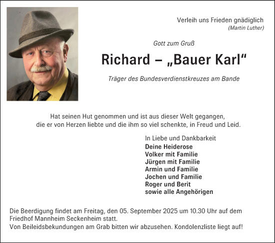 Traueranzeige von Richard Karl von Mannheimer Morgen