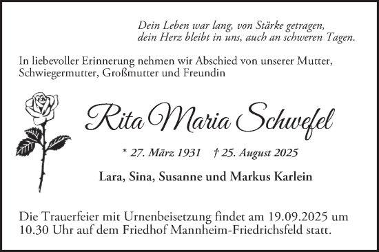 Traueranzeige von Rita Maria Schwefel von Mannheimer Morgen