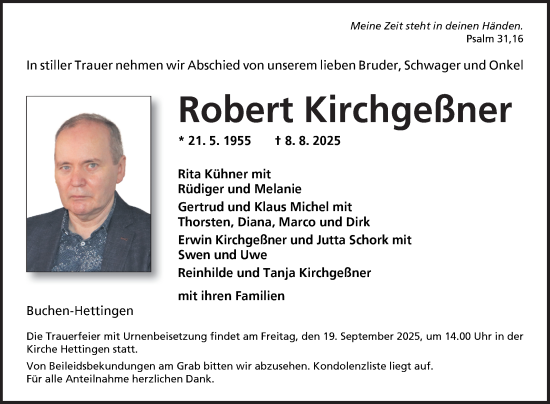Traueranzeige von Robert Kirchgeßner von Fränkische Nachrichten