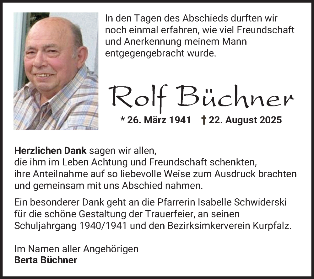  Traueranzeige für Rolf Büchner vom 13.09.2025 aus Schwetzinger Zeitung