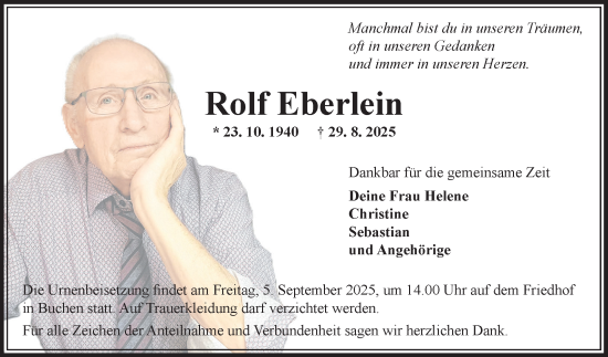 Traueranzeige von Rolf Eberlein von Fränkische Nachrichten