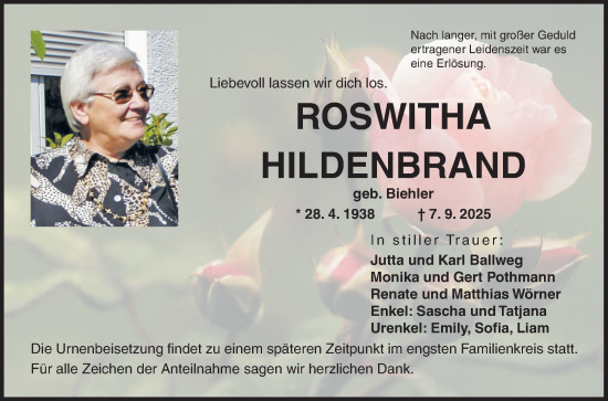 Traueranzeige von Roswitha Hildenbrand von Fränkische Nachrichten