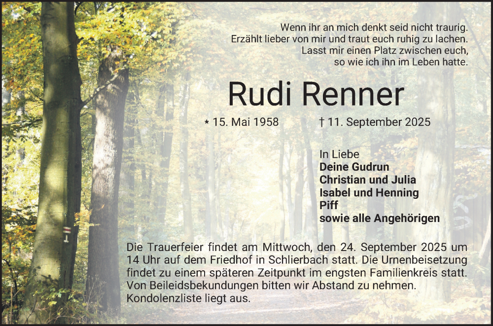  Traueranzeige für Rudi Renner vom 20.09.2025 aus Bergsträßer Anzeiger