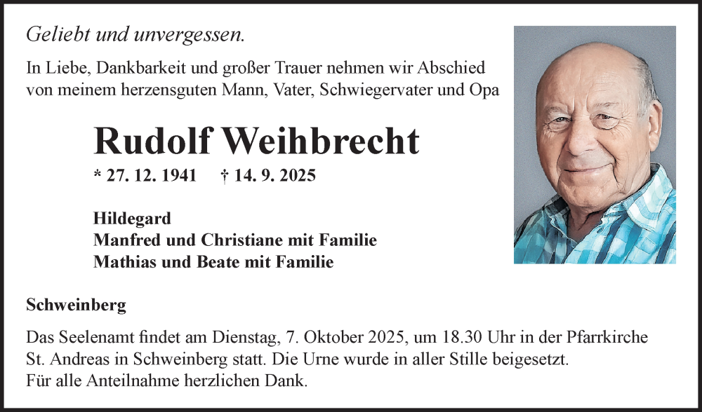  Traueranzeige für Rudolf Weihbrecht vom 30.09.2025 aus Fränkische Nachrichten