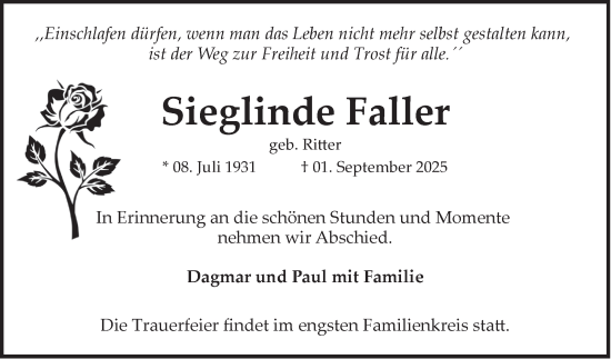 Traueranzeige von Sieglinde Faller von Mannheimer Morgen
