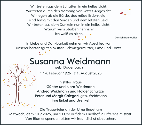 Traueranzeige von Susanna Weidmann von Schwetzinger Zeitung