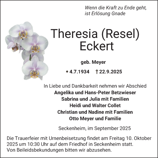 Traueranzeige von Theresia Eckert von Mannheimer Morgen