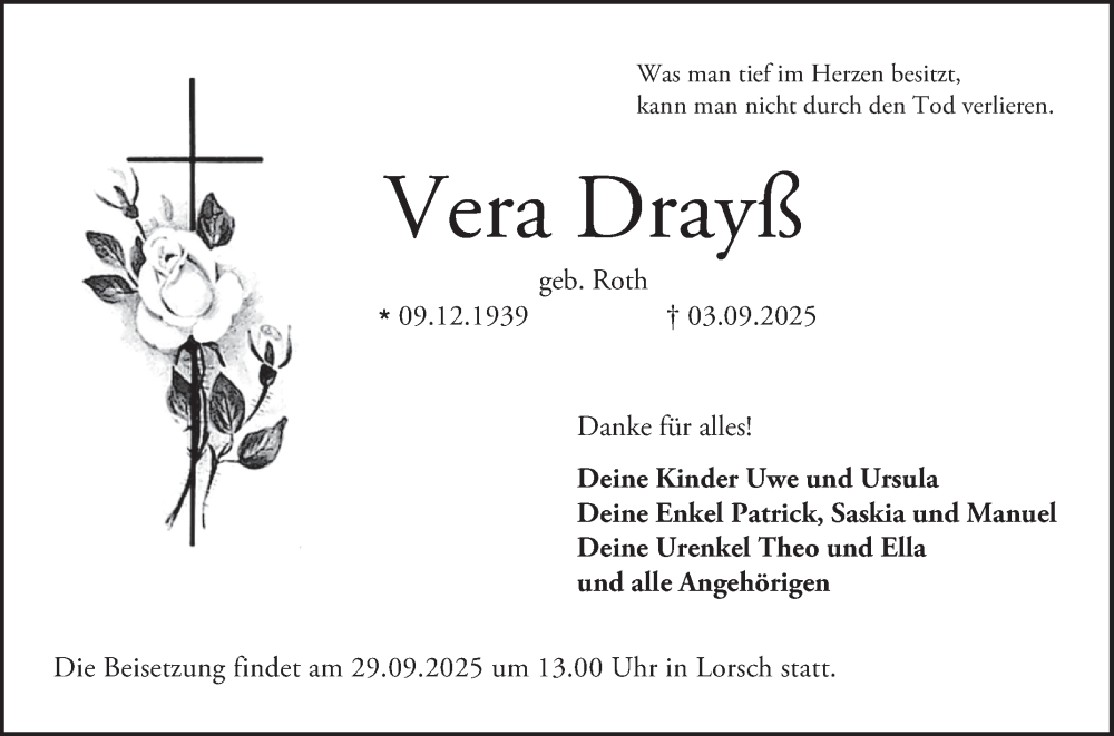  Traueranzeige für Vera Drayß vom 20.09.2025 aus Bergsträßer Anzeiger