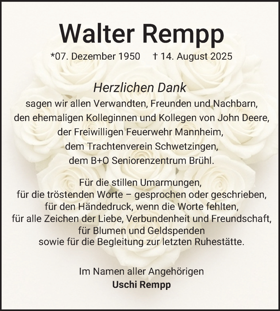  Traueranzeige für Walter Rempp vom 13.09.2025 aus Mannheimer Morgen