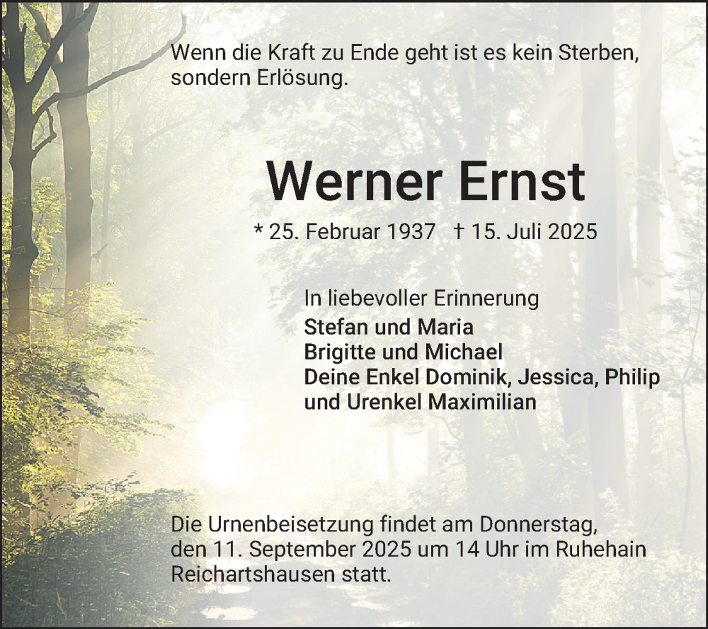  Traueranzeige für Werner Ernst vom 06.09.2025 aus Mannheimer Morgen