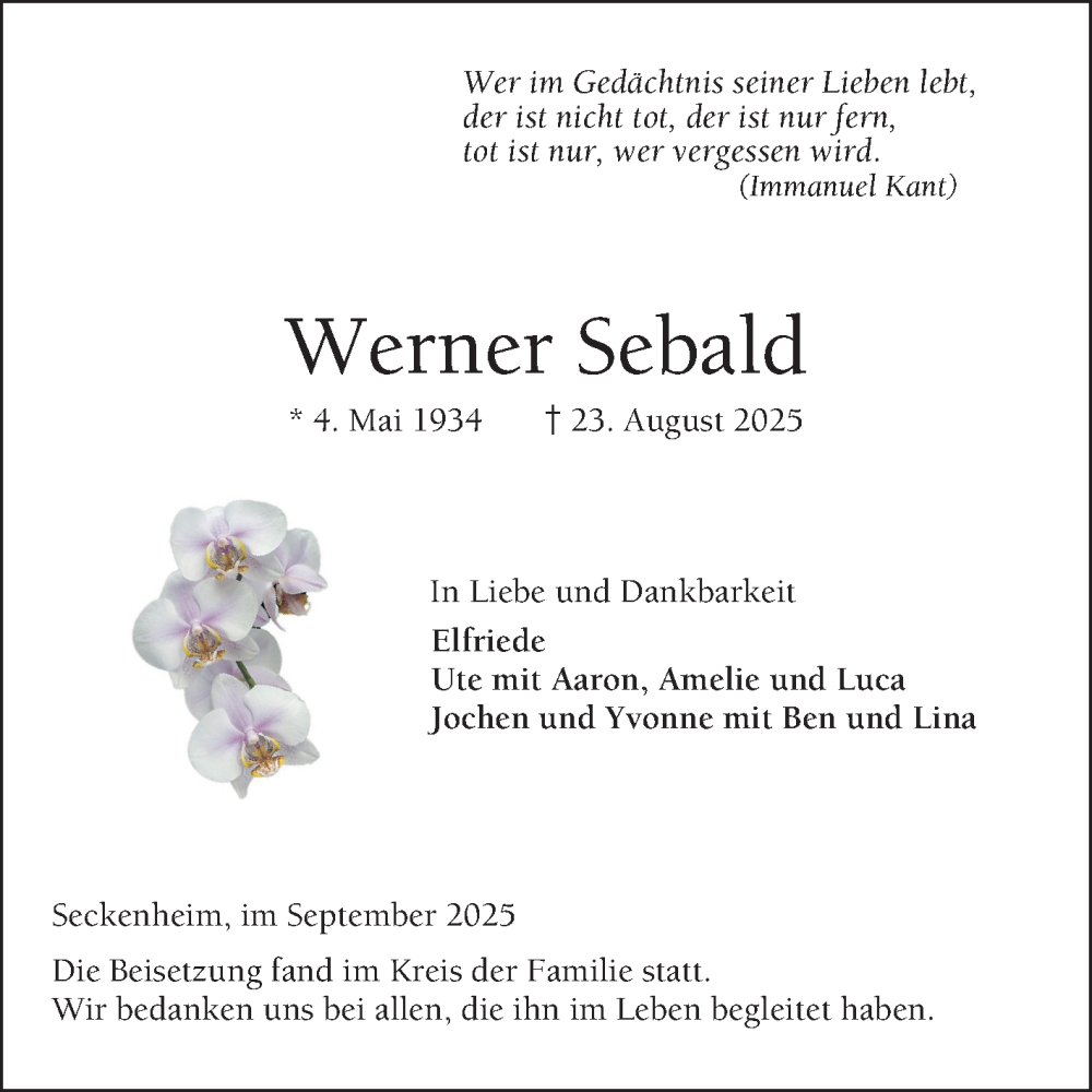  Traueranzeige für Werner Sebald vom 13.09.2025 aus Mannheimer Morgen