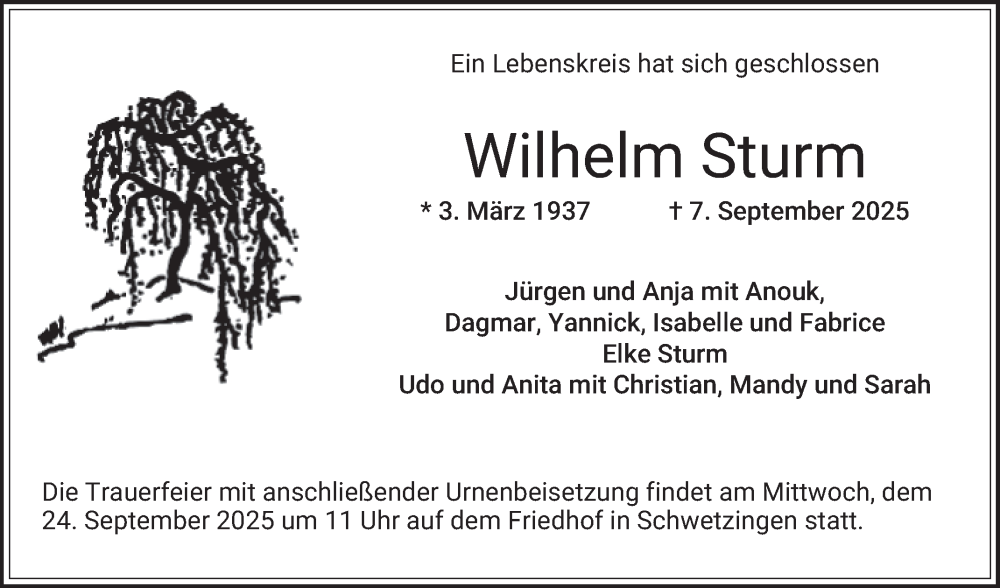  Traueranzeige für Wilhelm Sturm vom 20.09.2025 aus Schwetzinger Zeitung